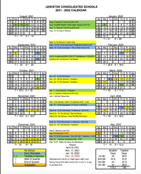 Lewiston School Lewiston Revised Master Calendar 2021 2022